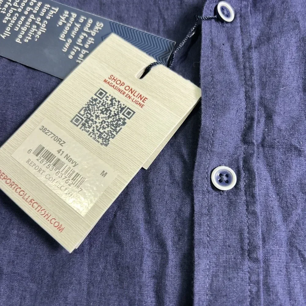 Report Collection Summer Linen Mens Blue Button Down Short Sleeve Size‎ Med NWT